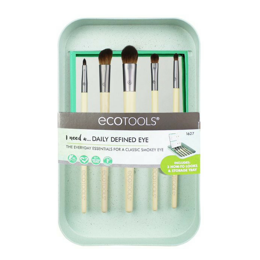 EcoTools Daily Defined Eye Kit. The Daily Defined Eye Kit is designed to create your favorite eye looks and organize your beauty space. This kit includes 5 eye brushes, 3 beauty look cards and storage tray. Flawless Makeup. Flawless Makeup brushes. Makeup brushes. Organic beauty. Vegan. Vegan Beauty. Flawless Organics. Cruelty Free. Against animal cruelty. Award Winning. Natural. Makeup.