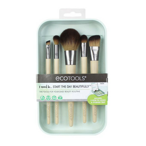 EcoTools Start The Day Beautifully Kit. The Start the Day Beautifully Kit is designed with the makeup tools to simplify your daily beauty routine and organize your beauty space. This kit includes a core collection of 5 essential brushes, 3 beauty look cards and a storage tray. Organic beauty. Vegan. Vegan Beauty. Flawless Organics. Cruelty Free. Against animal cruelty. Award Winning. Natural. Makeup.