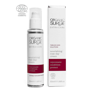 Organic Surge Nourishing Rose Day Cream 50ml. A luxurious cream for instant hydration. Argan oil nourishes the skin, whilst damask rose oil calms redness. Palmarosa and geranium oils infuse the skin with vital moisture for a luminous, supple complexion whilst supporting your skin's natural age-defying defences. Rejuvenates, conditions and protects all skin types. Organic beauty. Vegan. Vegan Beauty. Flawless Organics. Cruelty Free. Against animal cruelty. Award Winning. Natural. Makeup.