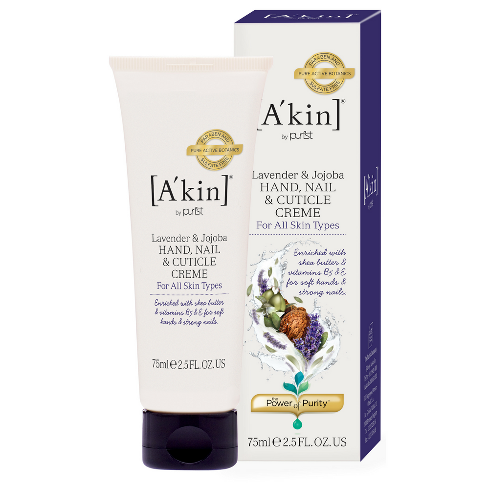A’kin Replenishing Hand Cream 75ml. Enriched with jojoba, organic lavender and shea butter this rapidly absorbing cream soothes and nourishes hands and nails for long lasting protective moisture. Hands will feel soft, supple and intensively hydrated. Softer, more supple hands. Hydrated cuticles. Deep moisturisation. Organic beauty. Vegan. Vegan Beauty. Flawless Organics. Cruelty Free. Against animal cruelty. Award Winning. Natural. Makeup.