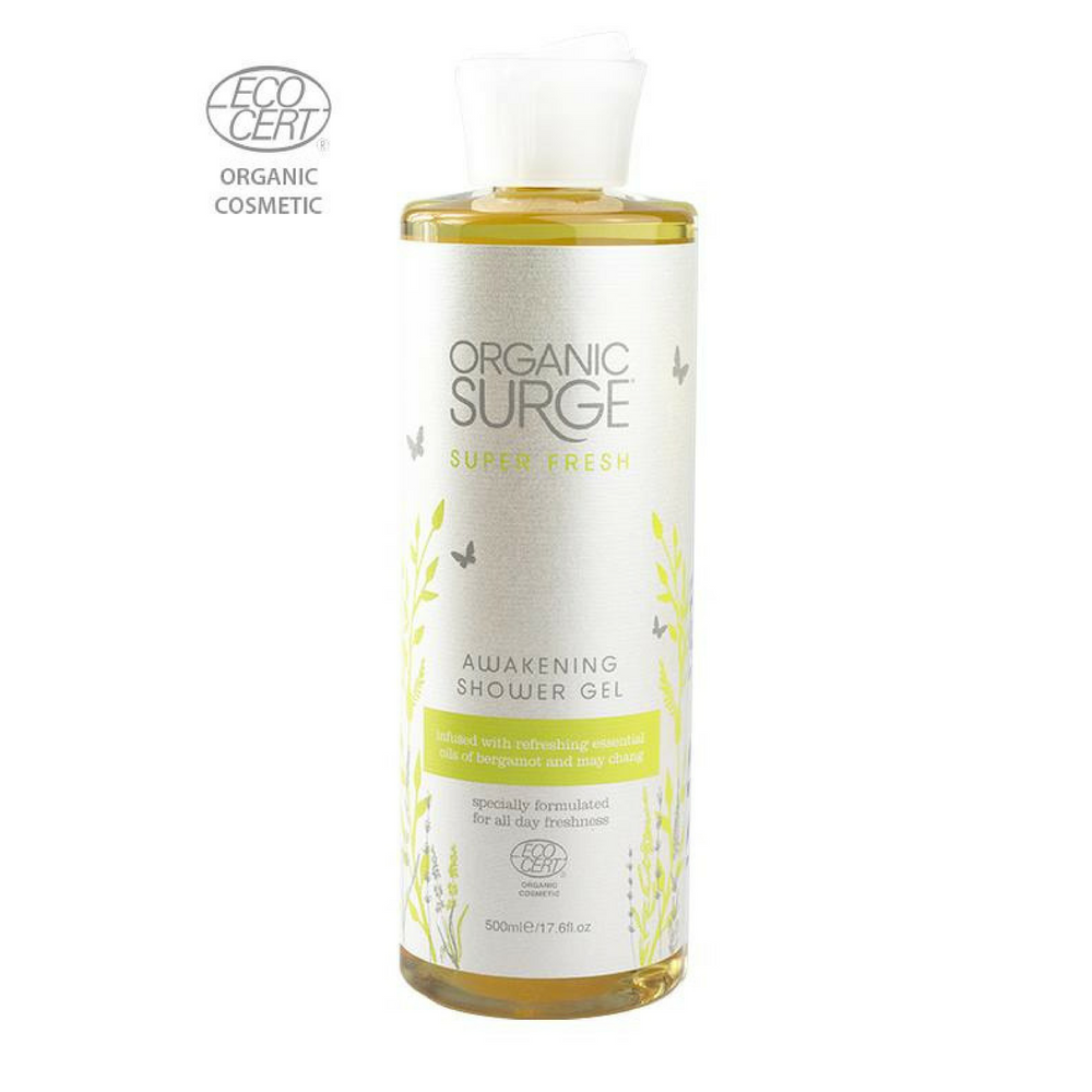 Organic Surge Super Fresh Awakening Shower Gel 500ml. A truly refreshing and energising experience, Super Fresh Shower Gel is specially formulated with a unique complex of naturally derived ingredients to gently target odour creating bacteria and stimulate your senses. The invigorating fragrance blends spicy May Chang and uplifting Bergamot essential oils for a naturally uplifting aroma. Organic beauty. Vegan. Vegan Beauty. Flawless Organics. Cruelty Free. Against animal cruelty. Award Winning. Natural. 