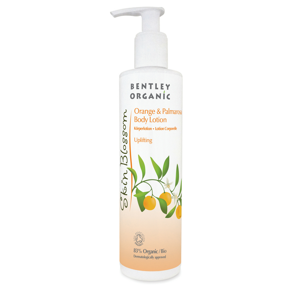 Bentley Organic Orange & Palmarosa Body Lotion 300ml. A lightweight body moisturiser with an uplifting scent of Orange oil and Palmarosa oil to moisturise and care for the skin. Skin is left petal soft, supple and delicately fragranced. Moisturise skin. Leaves skin feeling soft. Organic beauty. Vegan. Vegan Beauty. Flawless Organics. Cruelty Free. Against animal cruelty. Award Winning. Natural. Makeup.