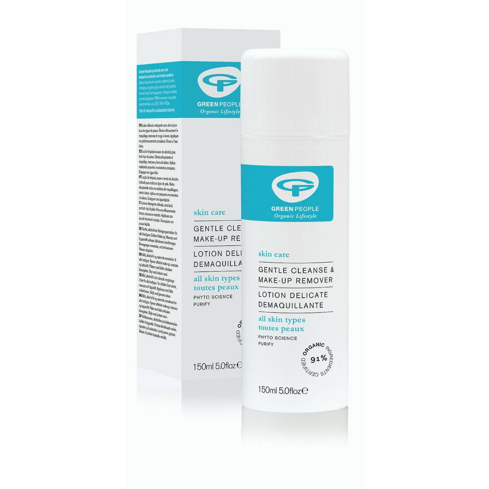 Green People Award Winning Gentle Cleanse & Make-up Remover 150ml. Purifying organic cleanser and make-up remover for all skin types. Gently removes all eye make-up including waterproof mascara Alcohol-free and rich in moisture-binding and anti-inflammatory actives. Cleanses away all impurities and leaves your skin silky smooth. Organic beauty. Vegan. Vegan Beauty. Flawless Organics. Cruelty Free. Against animal cruelty. Award Winning. Natural. Makeup.