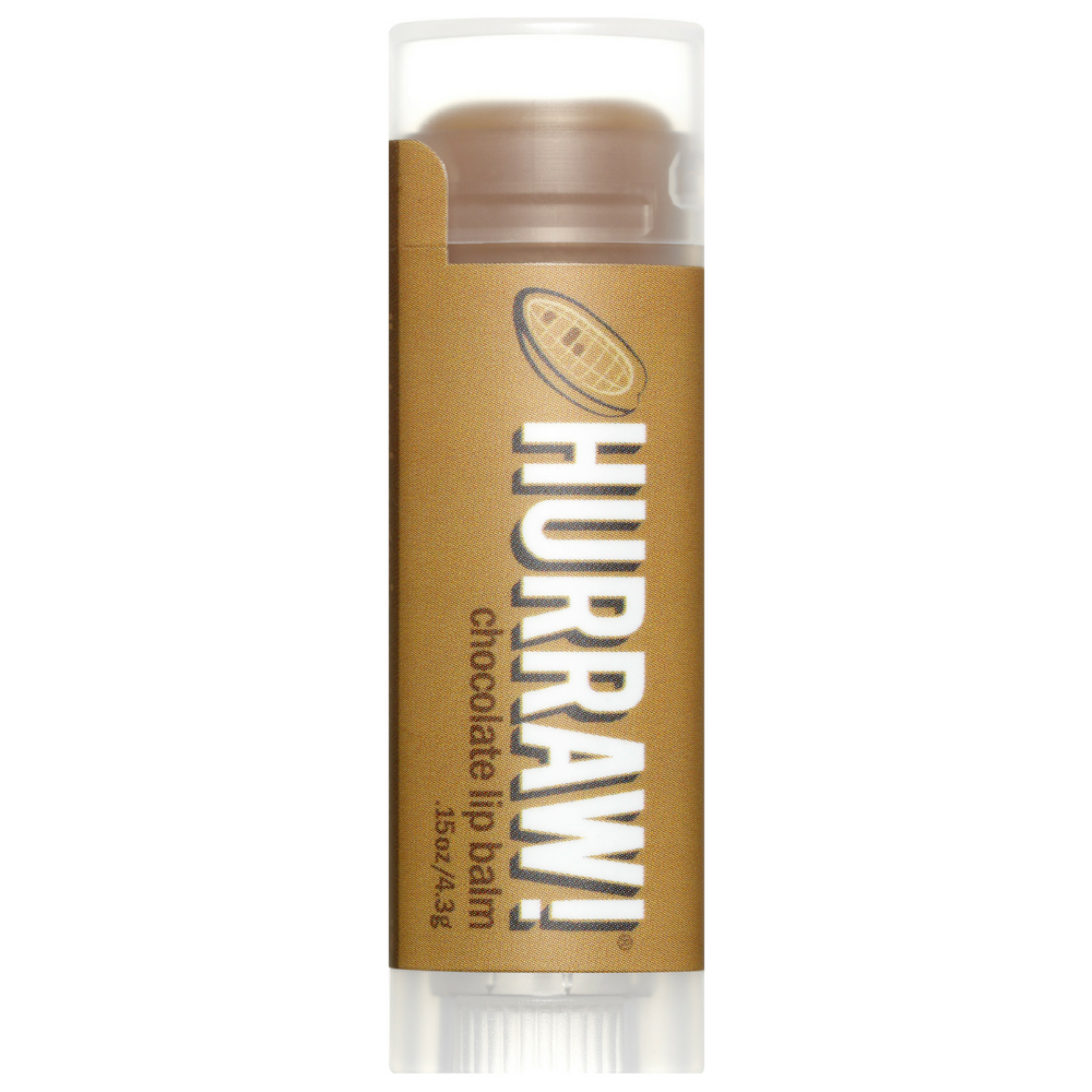 Hurraw! Chocolate Lip Balm. real unsweetened raw chocolate in the mix!  It won't leave any color on your lips but the creamy, "tootsie-rollish", chocolatey-ness will soothe your cravings! Suitable for all skin types. 83.1% Organic. *certified organic ingredients. 14.7% wild grown 100% natural. Organic beauty. Vegan. Vegan Beauty. Flawless Organics. Cruelty Free. Against animal cruelty. Award Winning. Natural. Makeup.