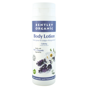 Bentley Organic Calming Body Lotion 250ml. A light weight and quick absorbing lotion that leaves skin feeling satin smooth. It is infused with lavender and chamomile oil to calm and soothe the skin and shea butter to moisturise the skin. Moisturise skin. Leaves skin feeling soft. Suitable for all skin types. 94% Organic. Organic beauty. Vegan. Vegan Beauty. Flawless Organics. Cruelty Free. Against animal cruelty. Award Winning. Natural. Makeup.
