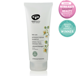 Green People Intensive Repair Shampoo 200ml. For dry, coloured, chemically-treated & frequently blow-dried hair. Strengthens damaged hair. Rich in nutrients and proteins. Now with NEW colour-lock system. Quinoa Protein helps limit colour fade. Organic beauty. Vegan. Vegan Beauty. Flawless Organics. Cruelty Free. Against animal cruelty. Award Winning. Natural. Makeup.