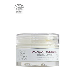 Organic Surge Overnight Sensation Night Cream 50ml. A feast for the skin.One of the best selling night cream with lavender essential oil to both calm the skin and relax your mind, also contains nourishing cocoa and shea butters, working whilst you sleep to help reveal your natural beauty. Overnight Sensation Night Cream restores, revitalises and rehydrates all skin types. Organic beauty. Vegan. Vegan Beauty. Flawless Organics. Cruelty Free. Against animal cruelty. Award Winning. Natural. Makeup.