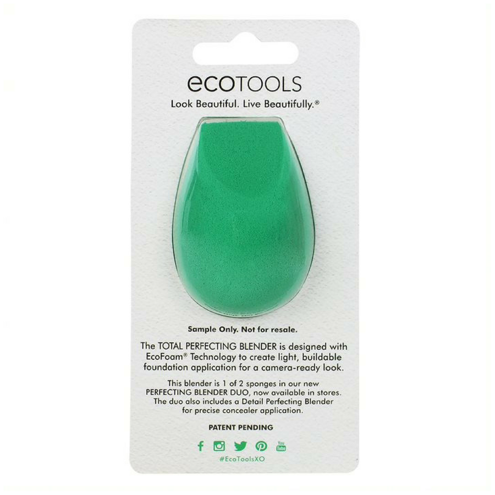 EcoTools Total Perfecting Blender. The Total Perfecting Blender is designed with EcoFoam® Technology to blend primer and foundation for flawless looking skin. Use sponge wet or dry. Organic beauty. Vegan. Vegan Beauty. Flawless Organics. Cruelty Free. Against animal cruelty. Award Winning. Natural. Makeup.