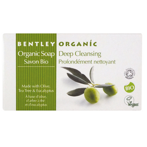 Bentley Organic Deep Cleansing Soap Bar. This deep cleansing soap bar with Tea tree and Eucalyptus scented soap has antibacterial properties and help deeply cleanse the skin, leaving it feeling soft and refreshed. Olive, Tea Tree and Eucalyptus oils provide a Deep Cleansing washing experience for you and the whole family. Invigorate your body and mind. Tea Tree Oil provides the natural antibacterial agent, ensuring a deep cleanse. Organic beauty. Vegan. Vegan Beauty. Flawless Organics.