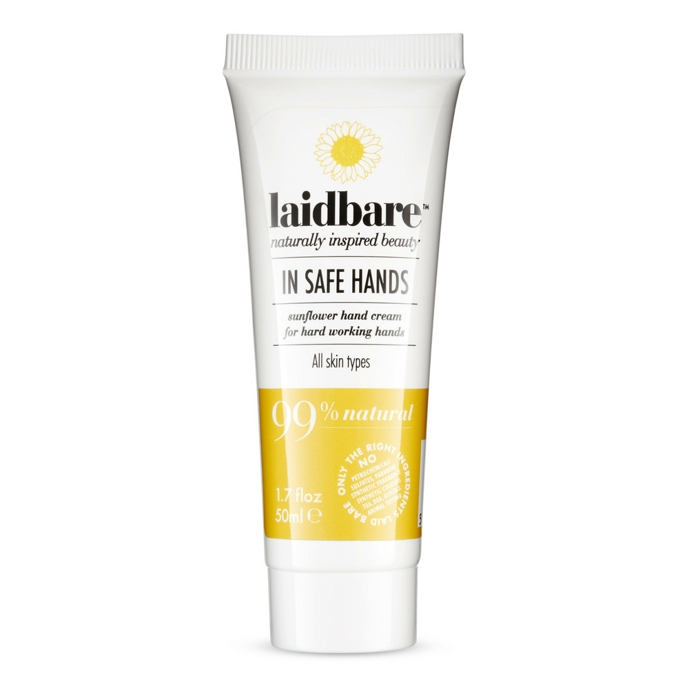 Laidbare In Safe Hands Sunflower hand cream 50ml. Laidbare Sunflower hand cream is the ultimate intensive moisture cream for very dry hands. Organic shea butter has the ability to spread evenly and absorb almost instantly into skin, known for its intense healing properties and gives the hand cream a lovely consistency. Sunflower oil is perfect for distressed hard working hands; deeply moisturising. Vitamin C is an antioxidant known to rejuvenate and strengthen the skin. Organic beauty. Flawless Organics. 