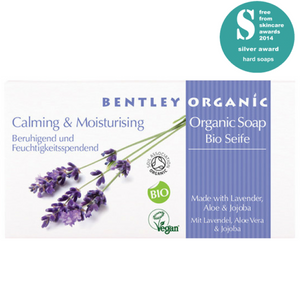 Bentley Organic Award Winning Calming & Moisturing Soap Bar. Lavender essential oil is known for its calming properties, the calming scent makes it an excellent tonic for the nerves and anxiety issues. Unlike many natural soaps on the market, Calming and Moisturising Soap Bar is certified Organic by the Soil Association. With an organic percentage of 98.9% this product far exceeds the standards. Vegan. Vegan Beauty. Flawless Organics. Cruelty Free. Against animal cruelty. Award Winning. Natural. Makeup.